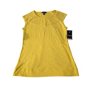 Chaps Womens Yellow Crochet Lace Yoke Cotton Slub Knit Sleeveless Top NWT Medium